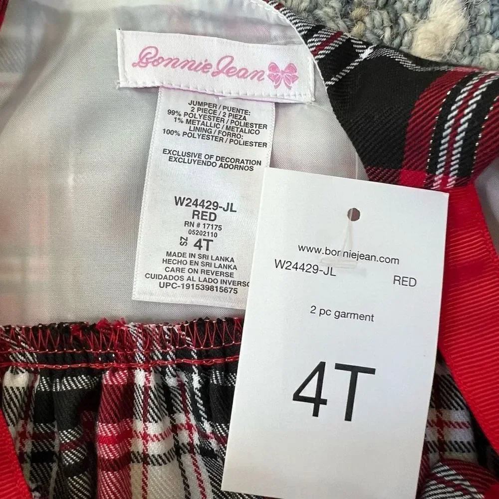 Bonnie Jean Girls Christmas Dress jumper Toddler Plaid  Size 4T NWT
